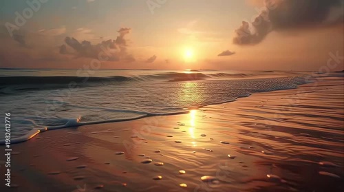 AIzaSyDgEIV5TQ7ClA84gHk1cKDLiL-3F7Hhpok - Serene Sunset Beach with Gentle Waves and Golden Reflection