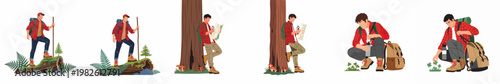 Set of vector illustrations depicting a male hiker in outdoor gear exploring nature, reading maps, trekking with a stick, and resting.