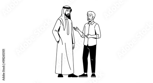 Two men in conversation, one in traditional Arab attire.