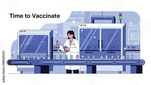 Professional female scientist in a white lab coat inspecting medicine vials on an automated factory conveyor belt for vaccine manufacturing.