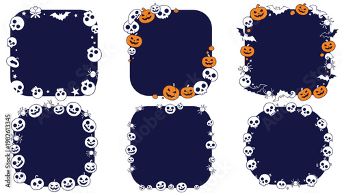Collection of spooky halloween frames decorated with orange pumpkins, white skulls, black bats, and spiders on a dark purple background for party.