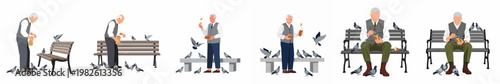 Collection of flat vector illustrations depicting an old man feeding pigeons at a park, featuring various poses on benches and standing, isolated on white.