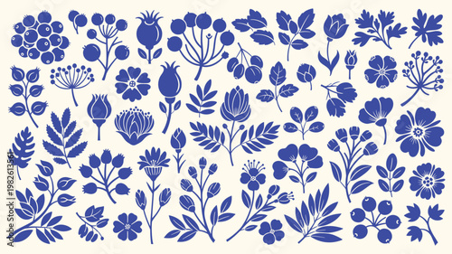 Blue and white floral pattern inspired by traditional polish folk art
