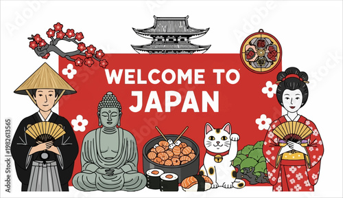 Welcome to Japan poster design featuring traditional landmarks and cultural icons like Buddha statue geisha and cat figurine in charming illustration