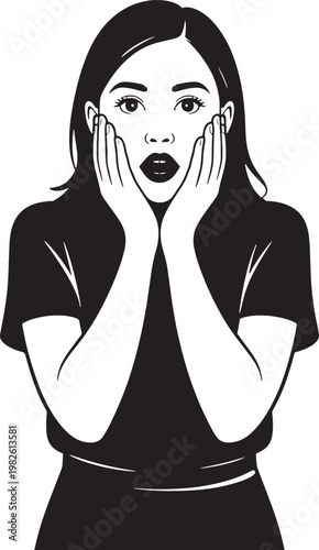 Surprised woman holding face in hands with shocked expression shown in pop art line drawing