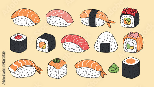 Delicious variety of hand drawn sushi, sashimi, and onigiri featuring salmon, tuna, shrimp, and seaweed for Japanese cuisine and food themes.