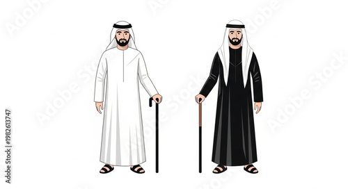 Two men in traditional Arab attire with walking sticks.
