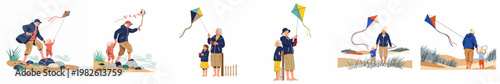 Set of illustrations showing a grandmother and her grandchild flying a kite together in various coastal and beach settings during summer.