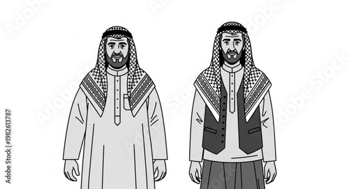 Two men in traditional Arab clothing, black and white illustration.