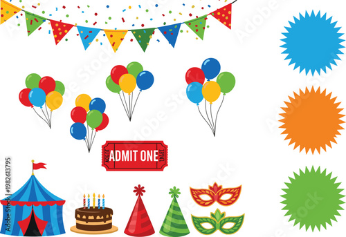 Party celebration elements set with balloons bunting cake tickets masks and decorations isolated on transparent background festive event vector illustration collection