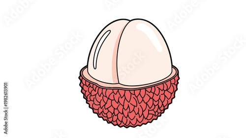 Exotic lychee fruit shown with its bumpy red skin and a peeled section revealing the translucent white flesh in a bright illustration.