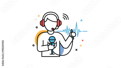 Modern icon style illustration of a broadcaster or podcaster wearing a headset and speaking into a professional studio microphone.
