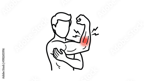 Illustration of a man holding his bicep and shoulder area indicating muscle pain, strain, or injury with red highlight and shock marks.