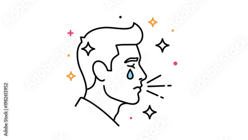 Line art illustration of man sneezing or blowing nose with tear drop and stars symbolizing allergy or cold symptoms and respiratory health.