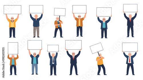 Group of elderly men in different poses holding various blank posters and signs for custom messages, protests, and community announcements.
