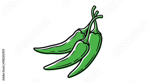 Three fresh green chili peppers shown in stylized color drawing commonly used for adding spice to cooking and various culinary dishes.