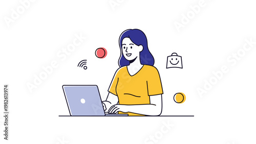 Young woman with purple hair works on her laptop while icons for wifi and online shopping bags float around in a simple style.