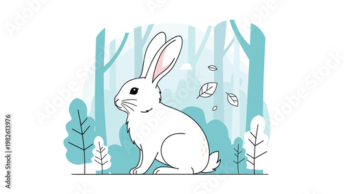 Cute white rabbit sitting peacefully in forest landscape with soft blue trees and floating leaves in background for nature and wildlife.