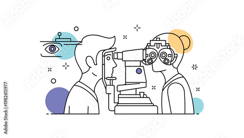 Medical illustration of person undergoing professional eye examination using specialized ophthalmic testing equipment in clinical setting.