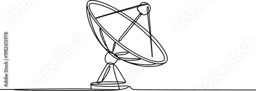Line art drawing of satellite dish antenna for communication and signal reception on transparent.