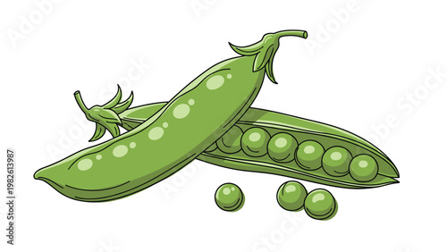 Fresh green pea pods with some loose peas scattered around them shown in a clean and colorful digital illustration style.