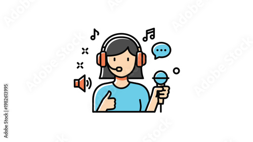 Cartoon girl wearing a professional headset and holding a microphone while music notes and speech bubbles float in the background.