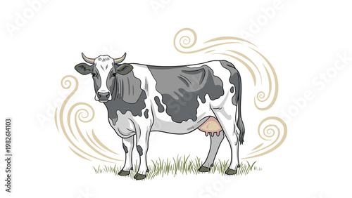 Spotted dairy cow standing in a green pasture with decorative swirl patterns in the background shown in a clean vector style.