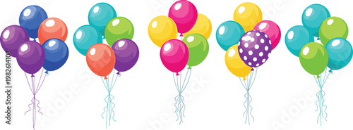 Colorful helium balloons collection vector illustration with different shapes and ribbon strings isolated on transparent background festive party decoration design