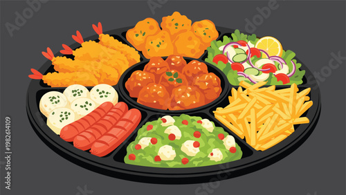 Large catering platter filled with fried shrimp and chicken nuggets and sausages and french fries and fresh garden salad in segments.