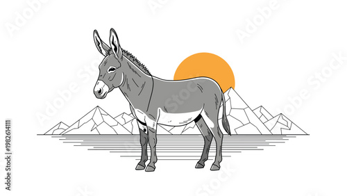 Illustration of a grey donkey standing in a desert landscape with geometric mountains and a large orange sun in the background.