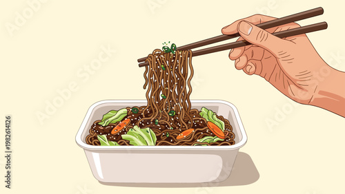 Person using wooden chopsticks to lift dark stir fried noodles from a white takeout container with vegetables like carrots and cabbage.