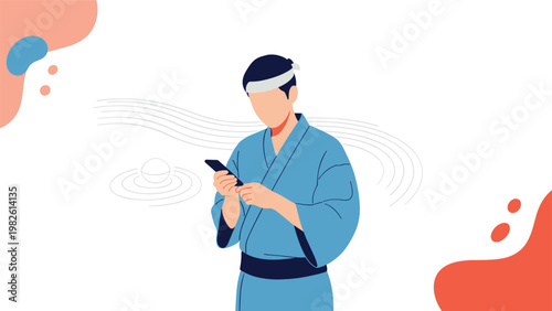 Man dressed in a blue kimono using a smartphone while standing against a background of zen garden rock patterns and abstract shapes.