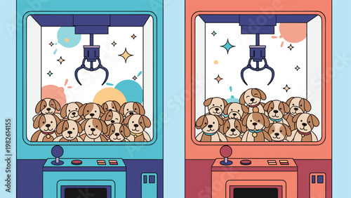 Two colorful claw machine arcade games filled with cute stuffed puppy toys displayed in a playful flat vector style illustration.