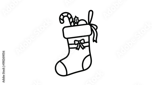 Festive Christmas stocking outline drawing featuring traditional holiday items like candy canes and a decorative bow on the top.