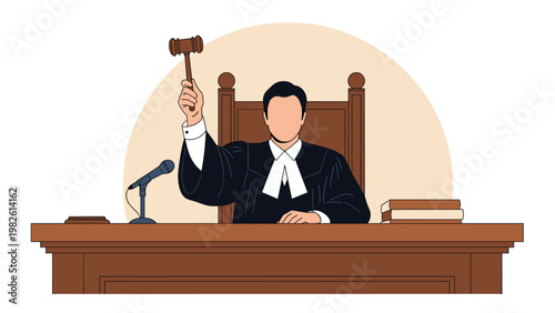Professional judge sitting behind a wooden court bench raising a gavel to make a ruling in a courtroom setting with a microphone.