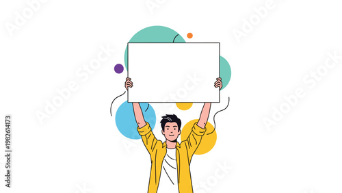 Young man standing and holding a large blank rectangular white board for custom text or advertisement over a colorful background.