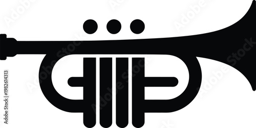 Black silhouette of a trumpet musical instrument icon on transparent background, brass instrument.