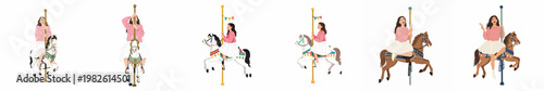 A series of illustrations showing a happy young woman enjoying a ride on various carousel horses, isolated on a white background.