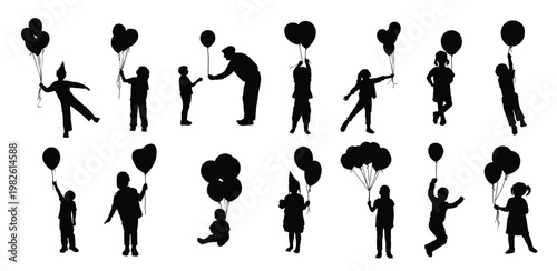  various black silhouette of children holding balloons