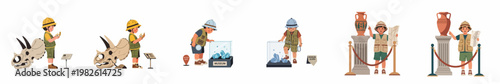 Cartoon illustrations of a curious young boy in an explorer outfit visiting various museum exhibits including fossils, minerals, and ancient artifacts.
