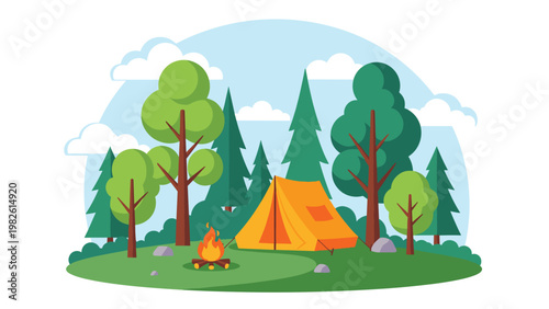Camping in the forest landscape with a cozy orange tent and warm campfire under the blue sky with lush green trees and white clouds.