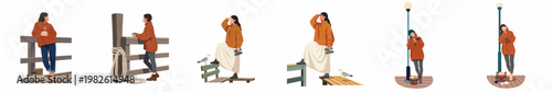 Vector illustration set featuring women on a coastal dock wearing cozy sweaters, engaging in activities like birdwatching and reading.