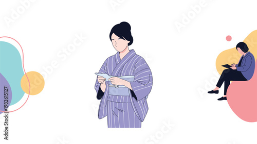 Elegant woman wearing a traditional purple kimono reads a book while another person writes in the background of this abstract scene.