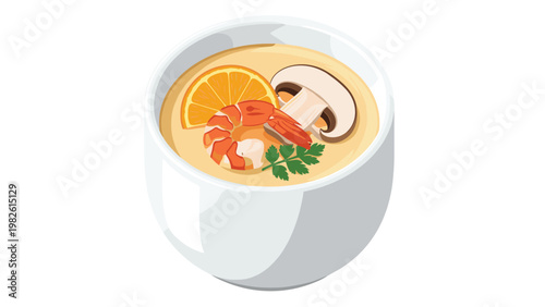 Traditional japanese chawanmushi steamed egg custard is served in a white bowl topped with shrimp, mushroom, and a slice of lemon.