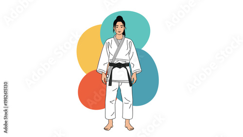 Strong woman standing confidently in a white martial arts gi with a black belt, representing discipline and mastery in judo or karate.