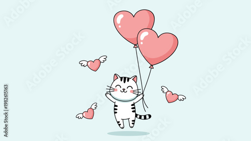 Cute cat character floating happily in the air with heart shaped pink balloons and winged hearts for a romantic valentines day greeting card.