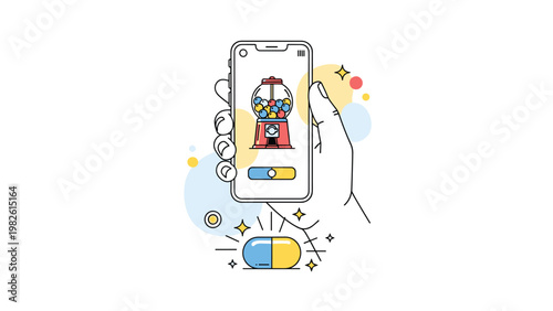 Conceptual illustration showing a hand holding a smartphone with a gumball machine app above a large medical pill representing gamification.
