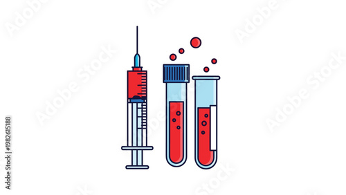 Medical equipment including a syringe and test tubes filled with red blood samples represents laboratory testing and clinical health diagnosis.
