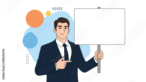 Professional businessman in a suit stands next to a large blank white sign while pointing toward it to highlight important corporate info.