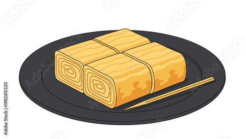 Slices of traditional Japanese tamagoyaki or rolled omelet are served on a dark plate with a toothpick, ready for a delicious breakfast meal.